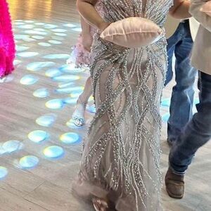 Glamorous Strapless White and Silver Maxi Dress